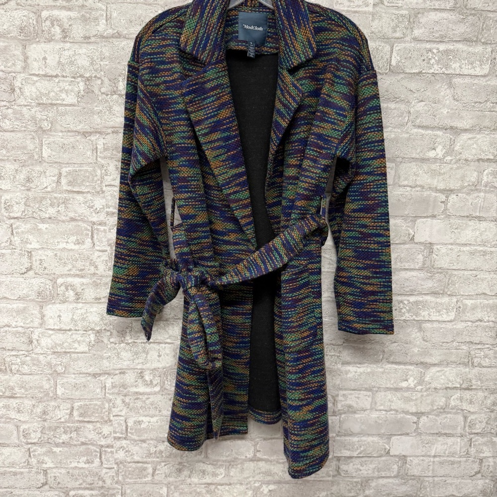 ModCloth Multicolor Drinks by the Fire Sweater Coat‎ Women’s Sz Small Green Blue